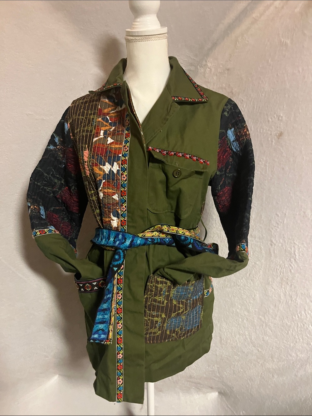 Adore Olive Green Patchwork Utility Jacket with Decorative Trim